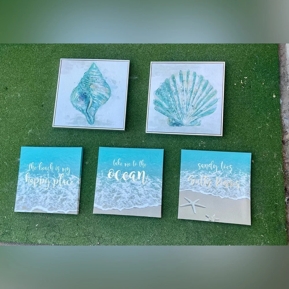5-Piece Coastal Boho Art Set – Shells & Beach Quotes